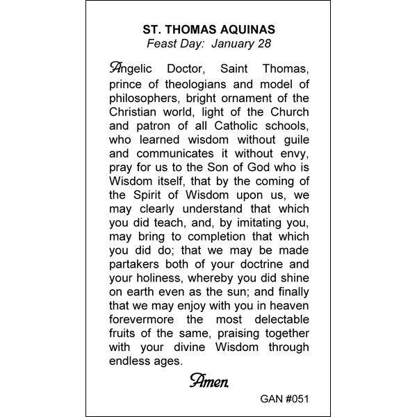 St. Thomas Aquinas Prayer Card Gannon's Prayer Card Co.