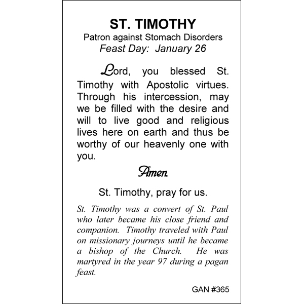St. Timothy Prayer Card Gannon's Prayer Card Co.